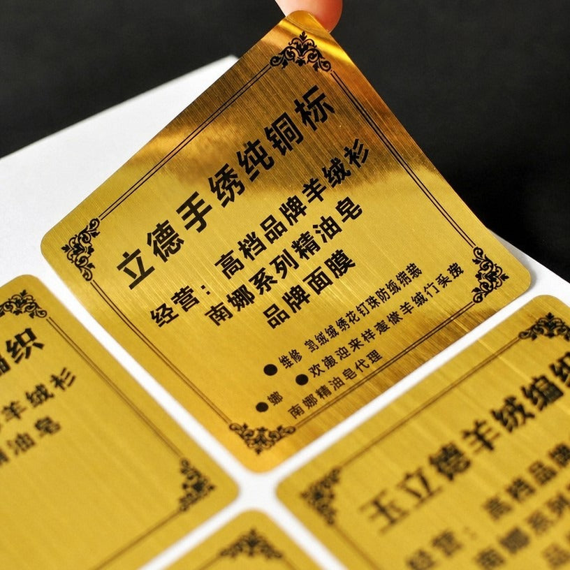Custom Metallic Brushed Gold Labels - PET Textured Foil Stickers